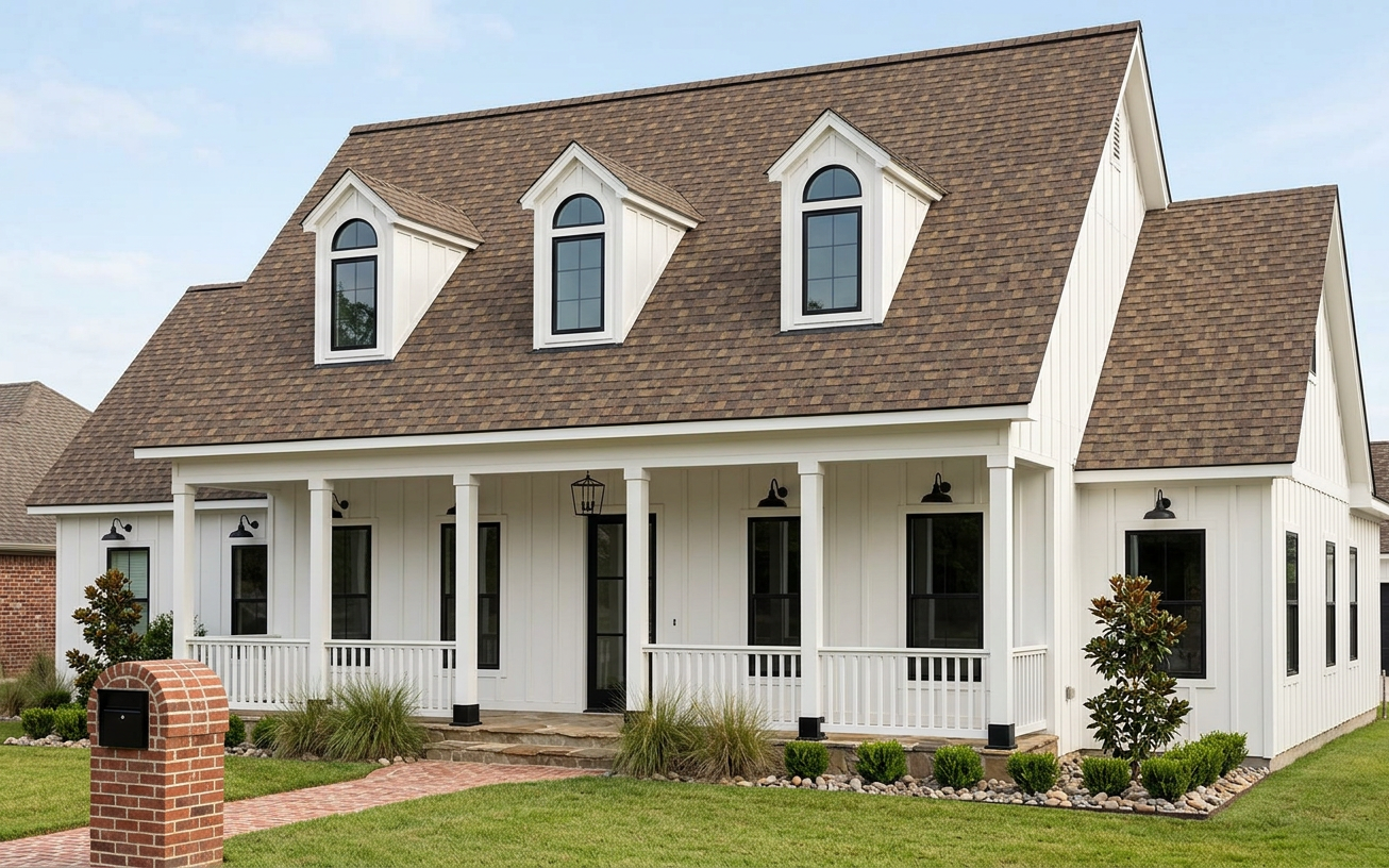 Modern Farmhouse home with Brown roof -- Owens Corning Duration Desert Rose (right-34)