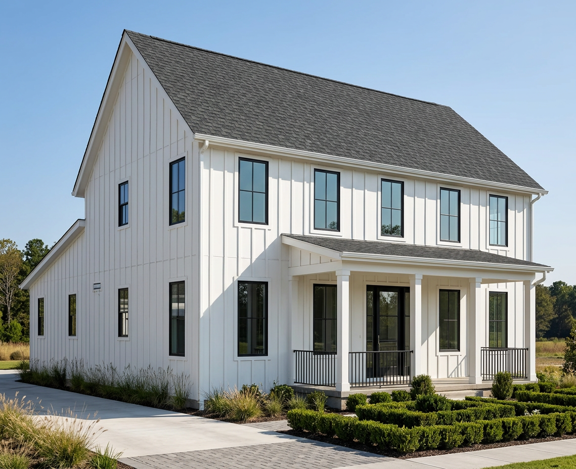 Modern Farmhouse home with Charcoal roof -- Atlas Pinnacle Pristine COASTAL GRANITE (left-34)