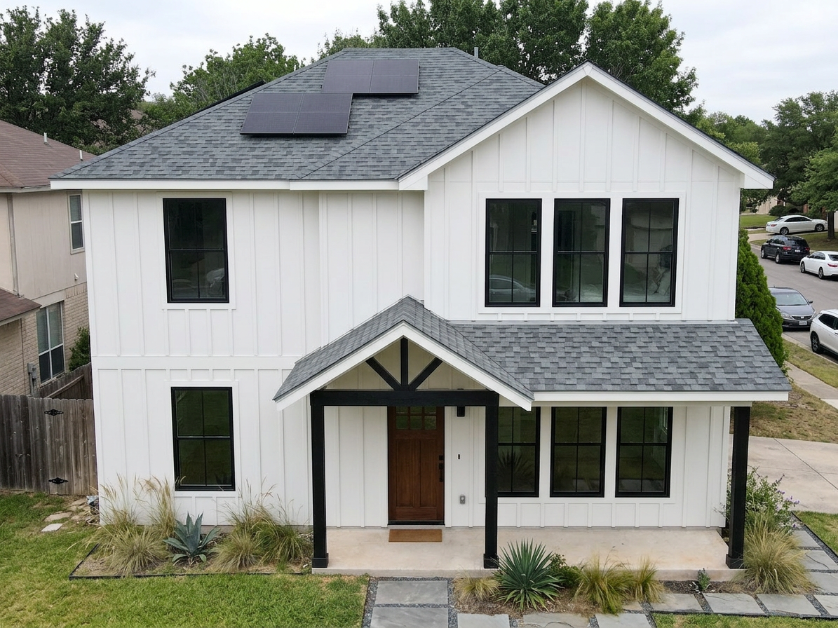 Modern Farmhouse home with Charcoal roof -- Owens Corning Duration Estate Gray (front)