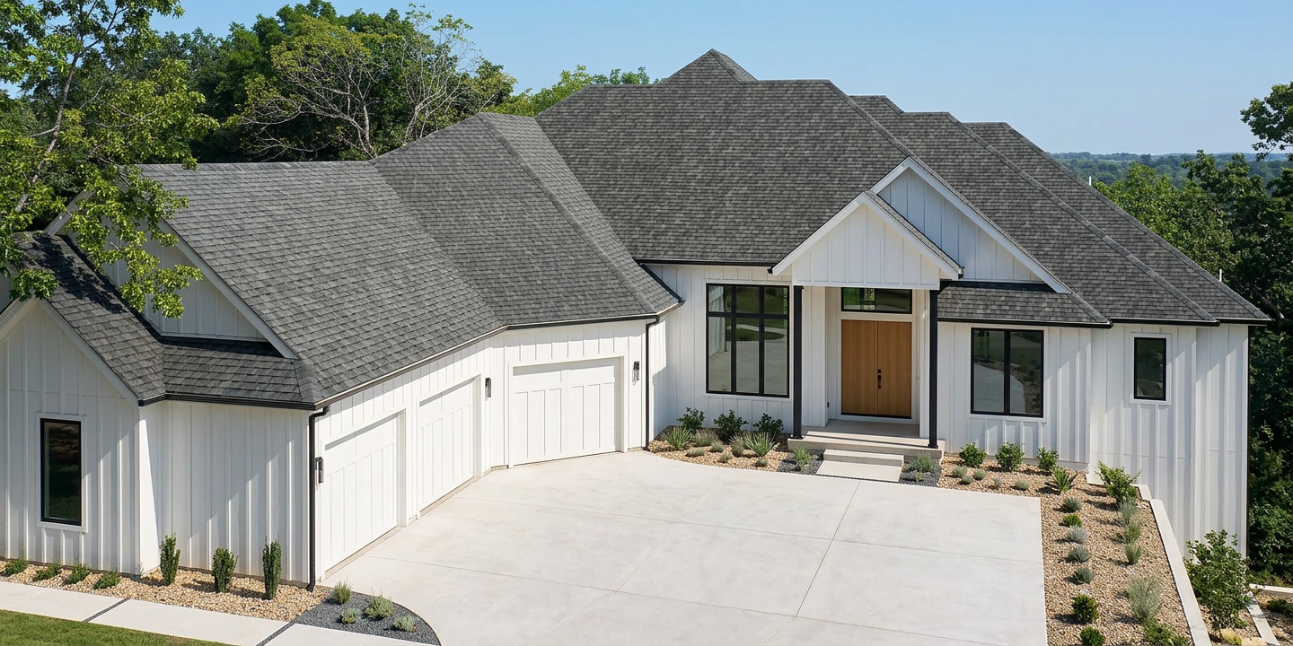 Modern Farmhouse home with Charcoal roof -- TAMKO Heritage Shadow Grey (left-34)