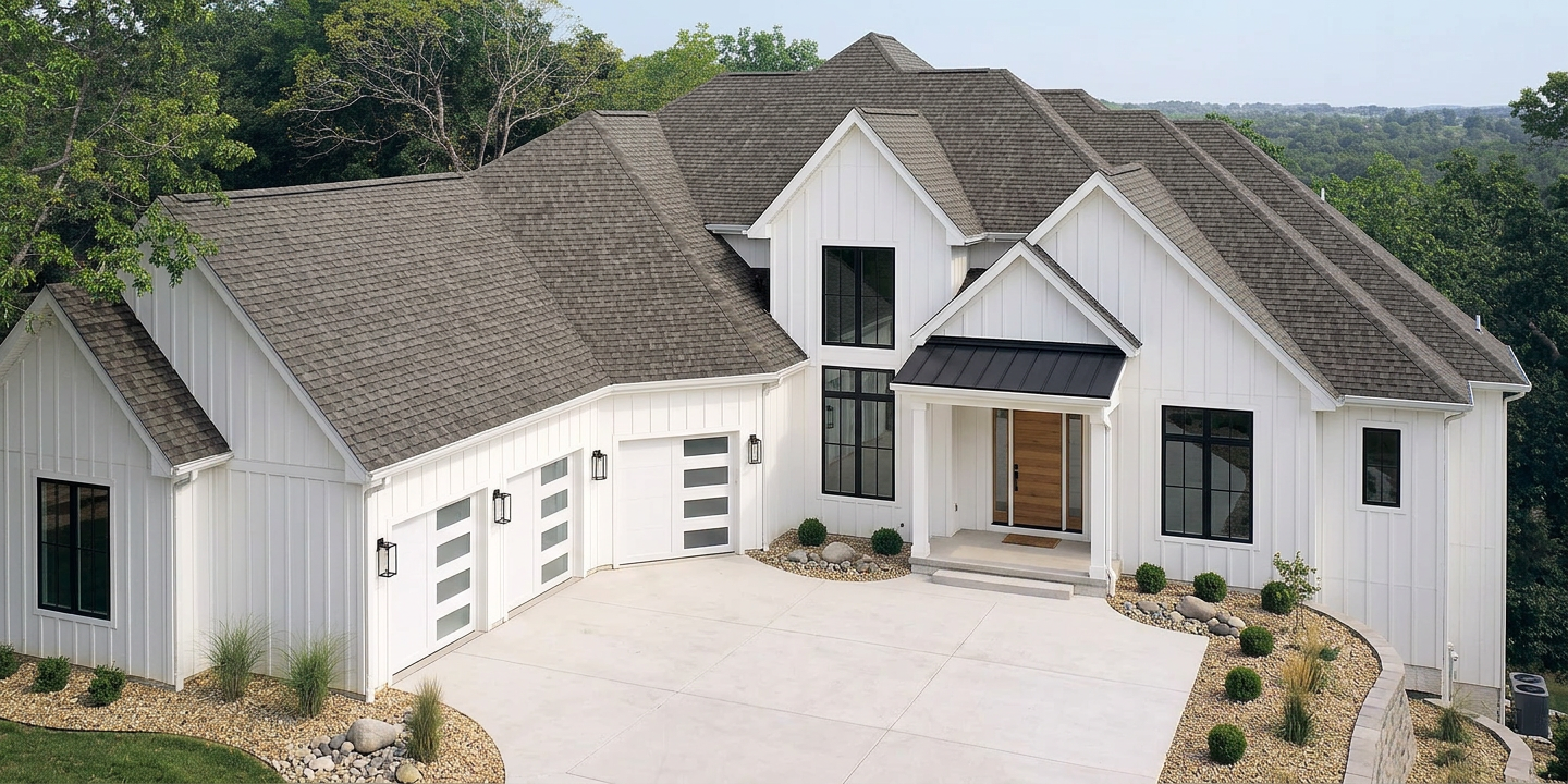 Modern Farmhouse home with Charcoal roof -- TAMKO Heritage Shadow Grey (right-34)