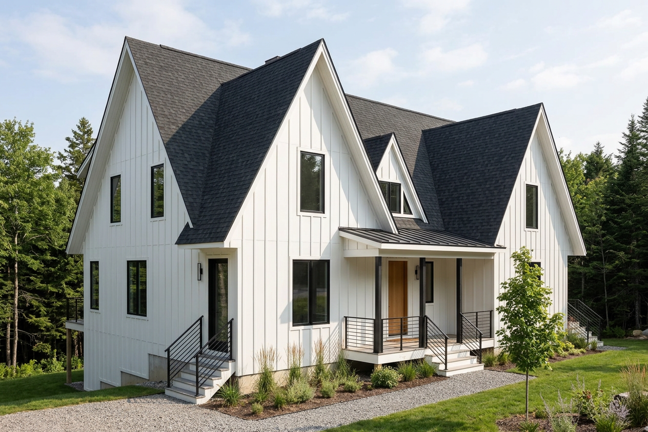 Modern Farmhouse home with Weathered Wood roof -- IKO Dynasty Driftshake (left-34)
