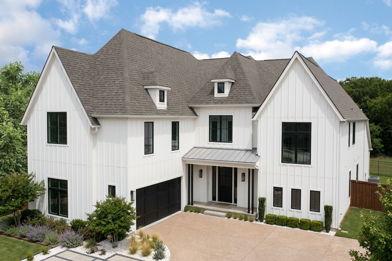 Modern Farmhouse home with Weathered Wood roof -- Malarkey Legacy Weathered Wood (right-34)