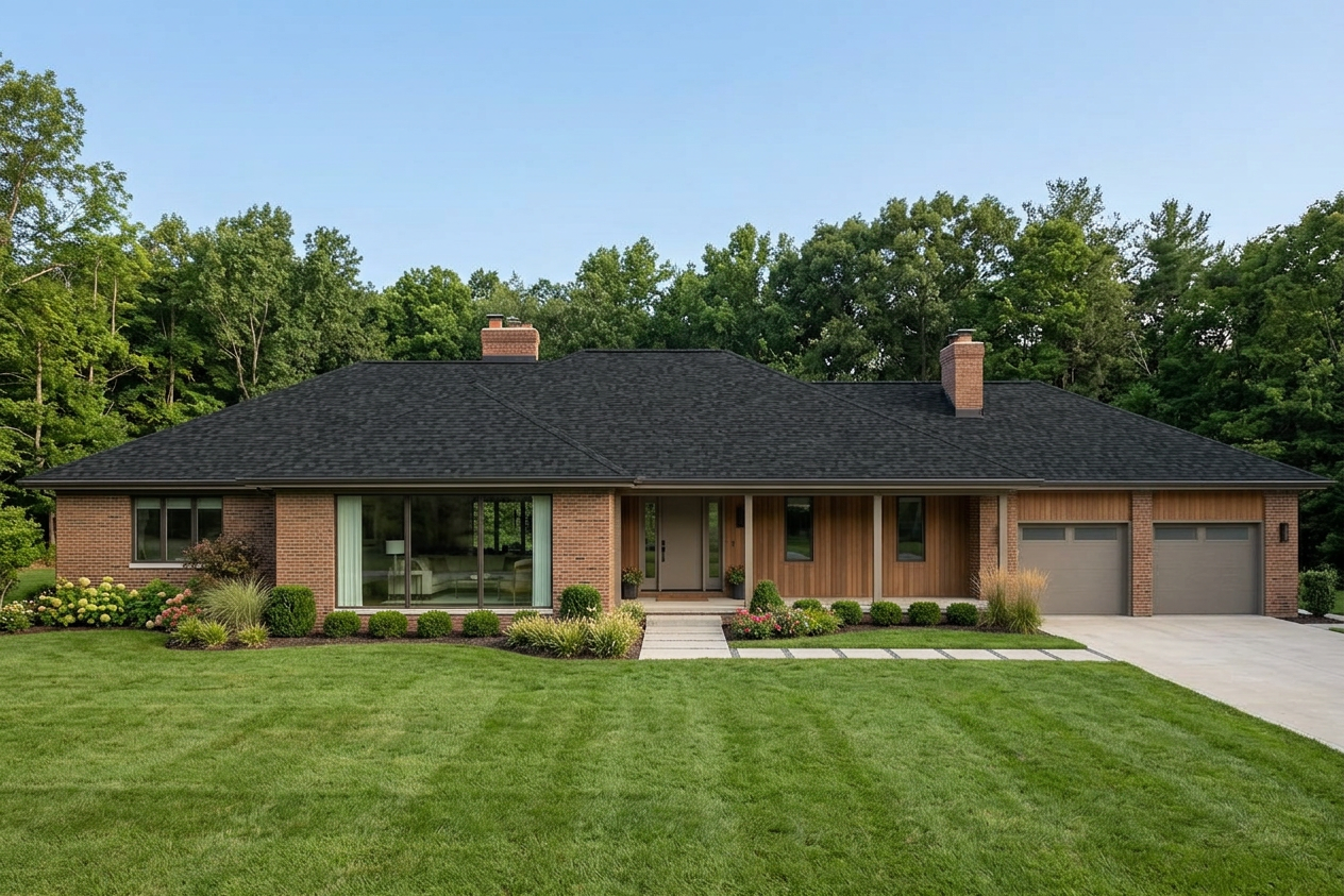 Ranch home with Black roof -- IKO Dynasty Granite Black (front)