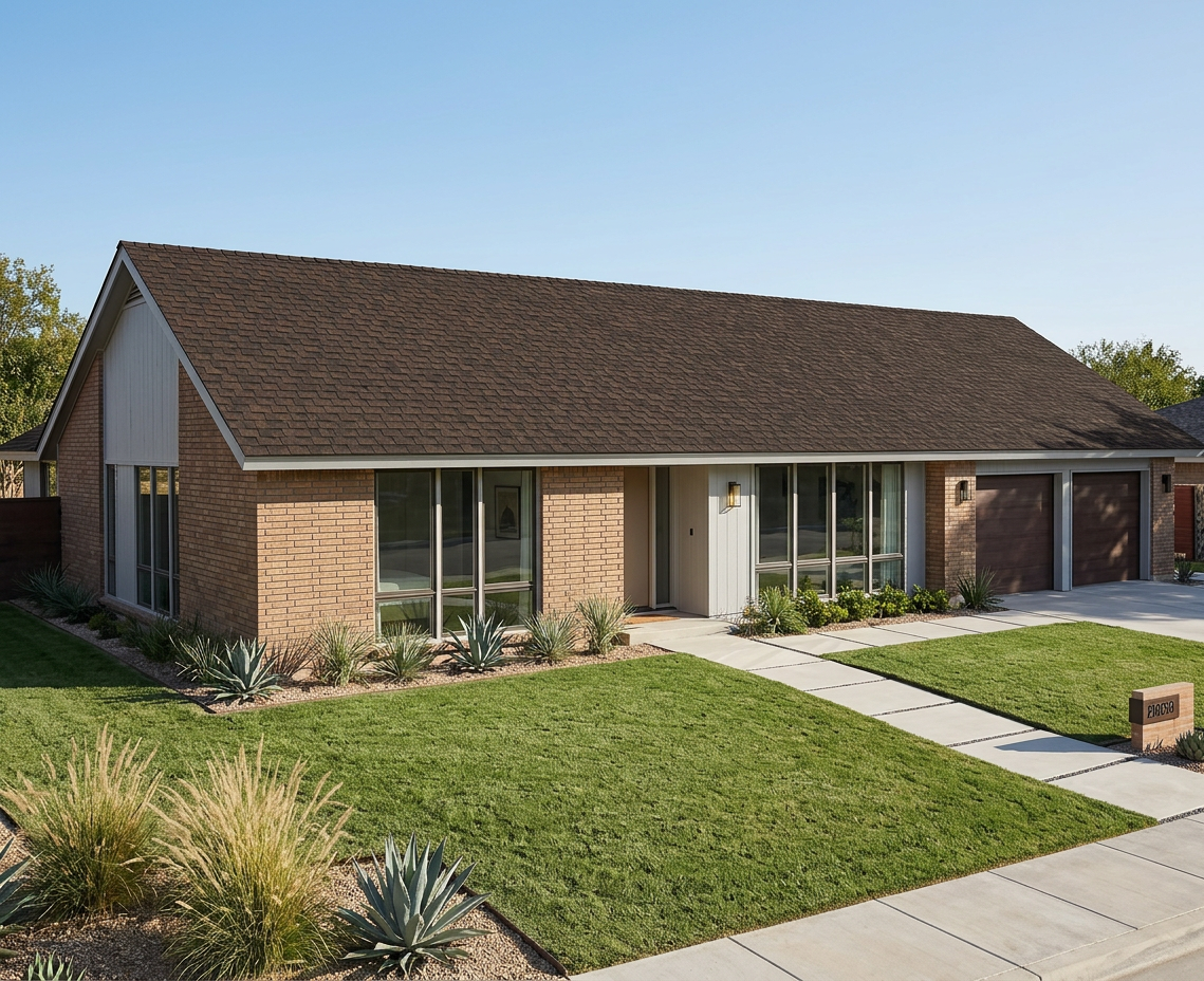 Ranch home with Brown roof -- Atlas Pinnacle Pristine BURNT HICKORY (left-34)