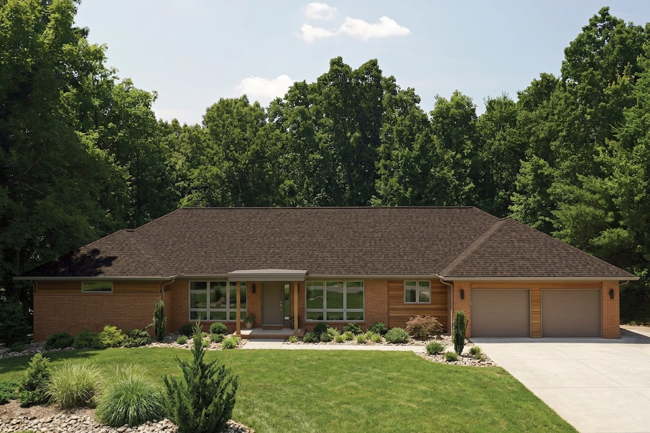 Ranch home with Brown roof -- CertainTeed Landmark Pro Max Def Heather Blend (front)