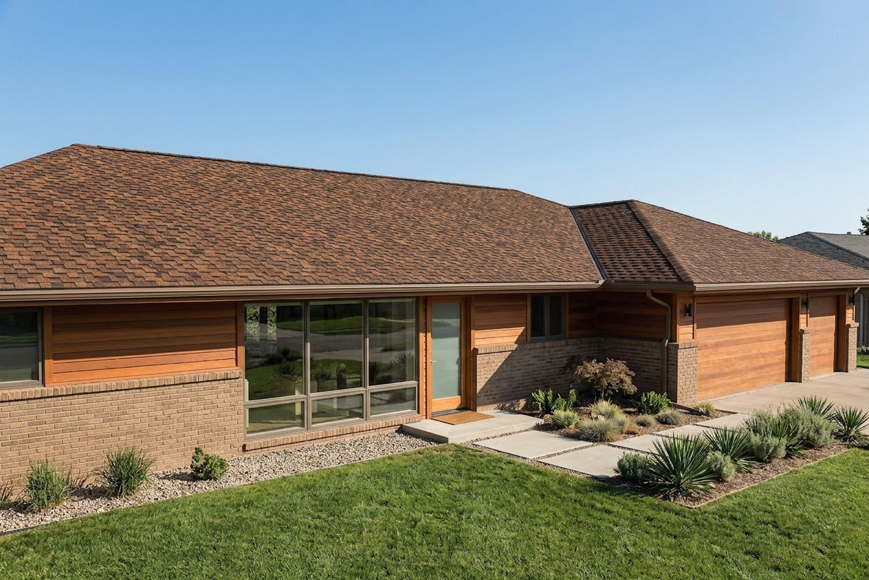 Ranch home with Brown roof -- CertainTeed Presidential Shake Aged Bark (right-34)