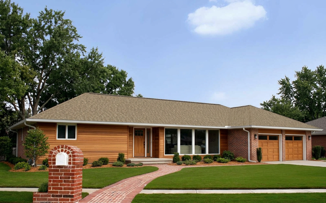 Ranch home with Brown roof -- Owens Corning Duration Sand Castle (right-34)