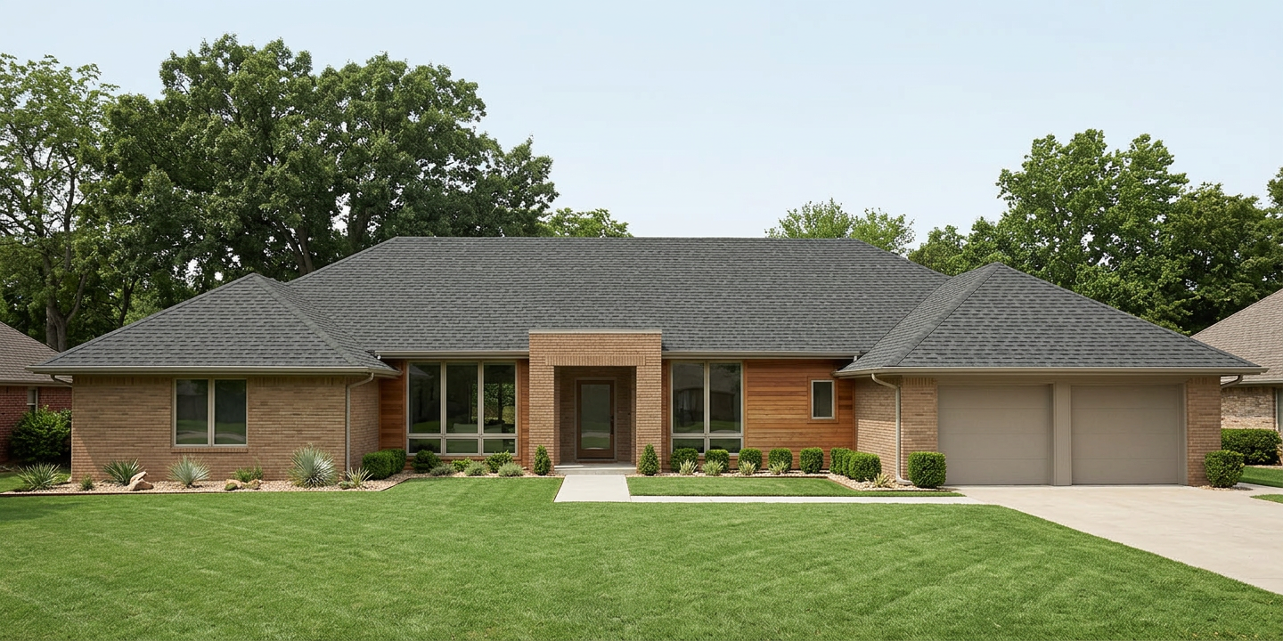 Ranch home with Charcoal roof -- TAMKO Heritage Virginia Slate (front)