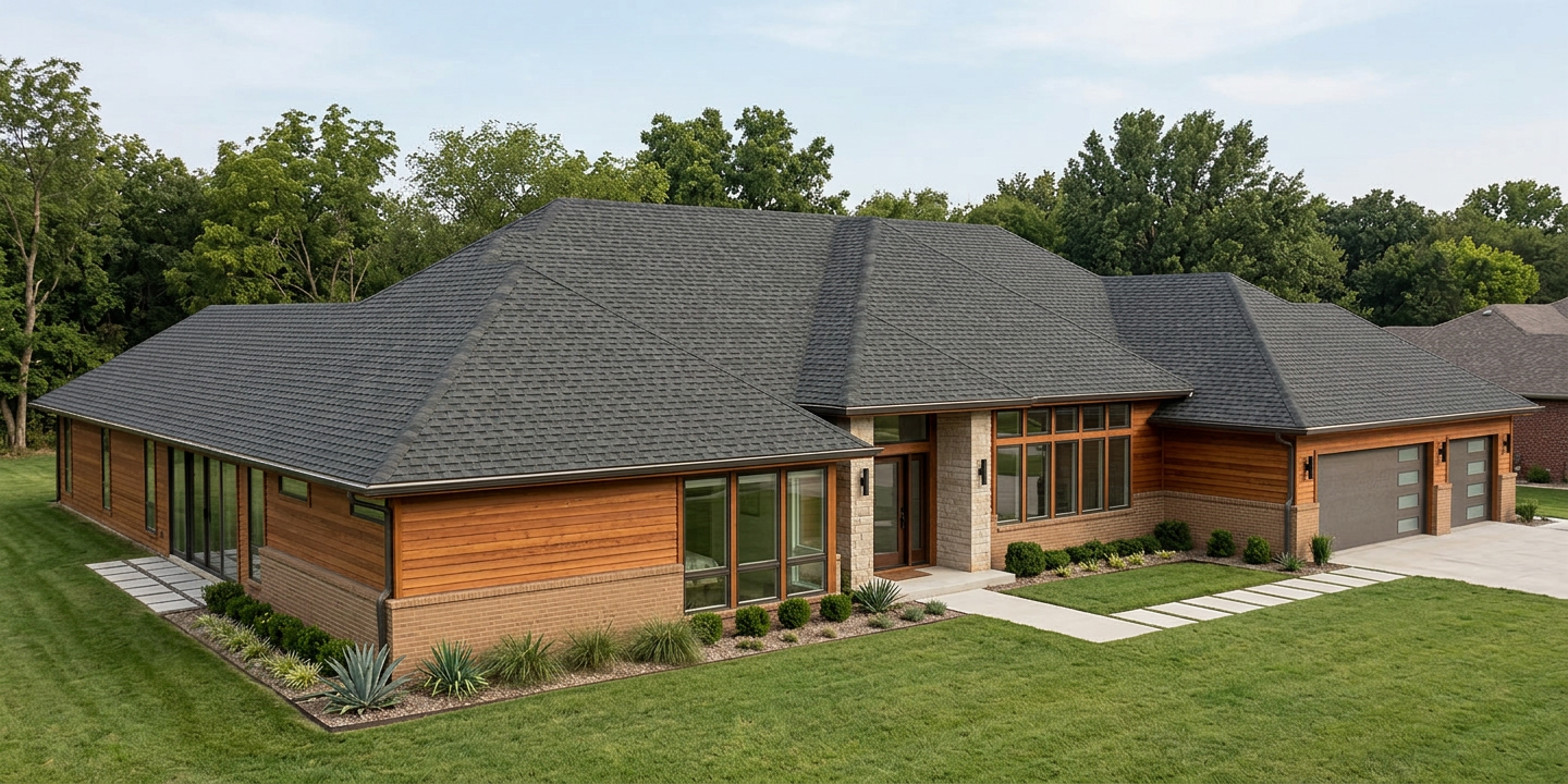 Ranch home with Charcoal roof -- TAMKO Heritage Virginia Slate (left-34)