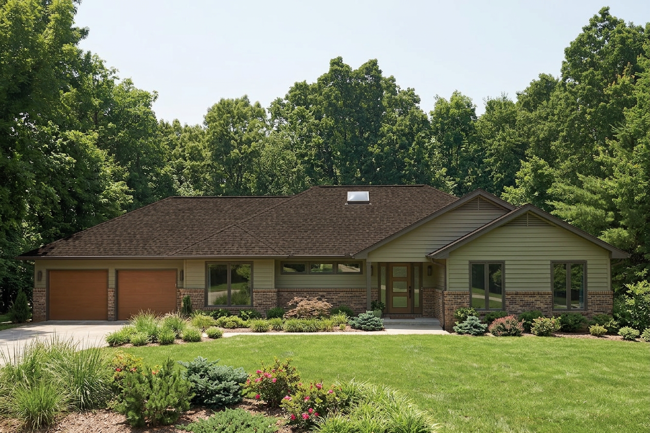 Ranch home with weathered wood roof