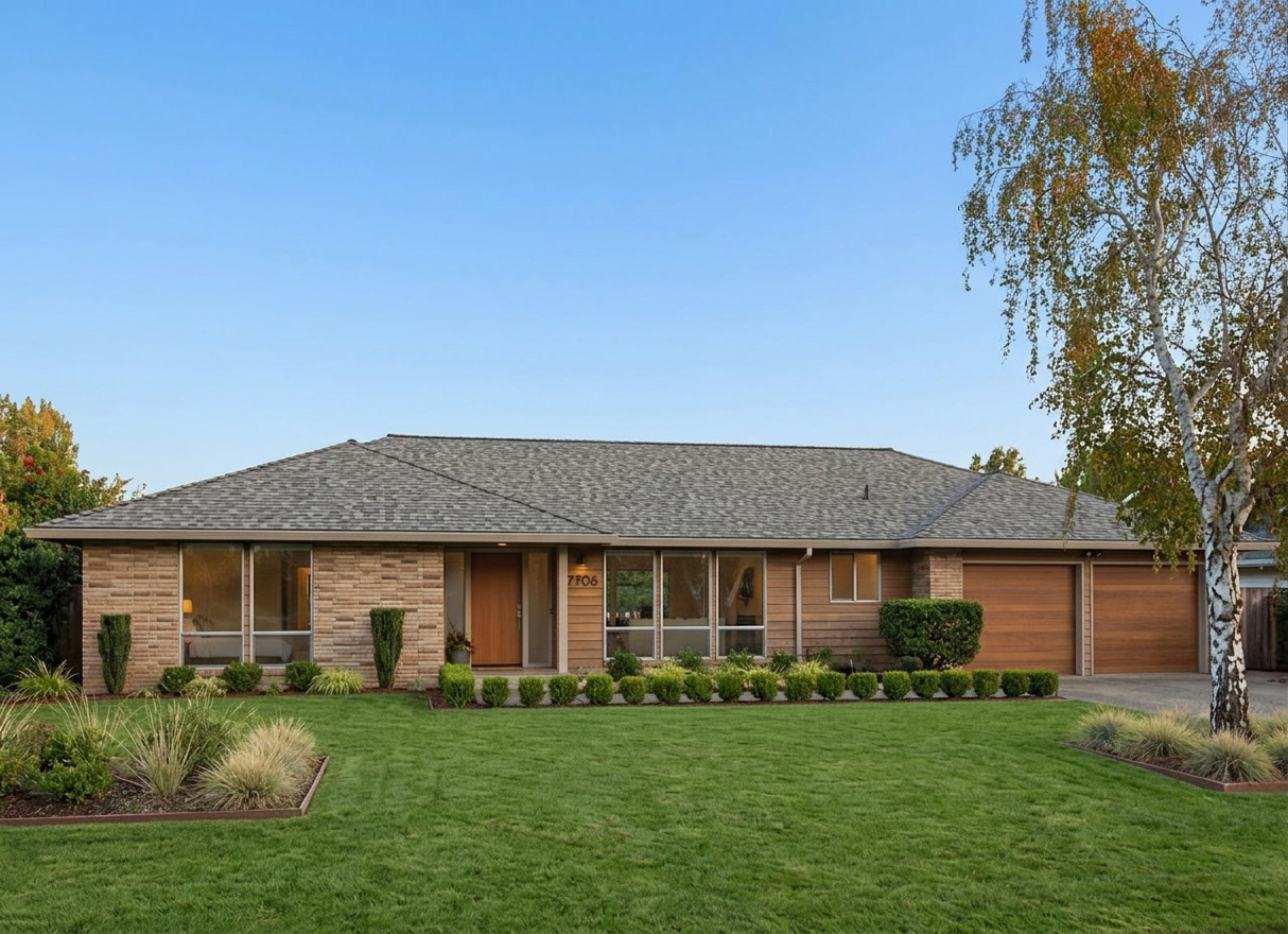 Ranch home with Weathered Wood roof -- CertainTeed Landmark Pro Max Def Weathered Wood (front)