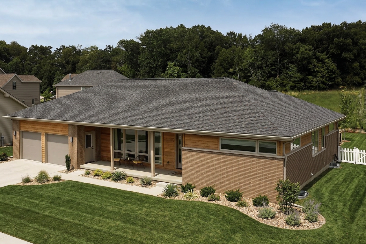 Ranch home with Weathered Wood roof -- CertainTeed Northgate Climateflex Max Def Driftwood (right-34)