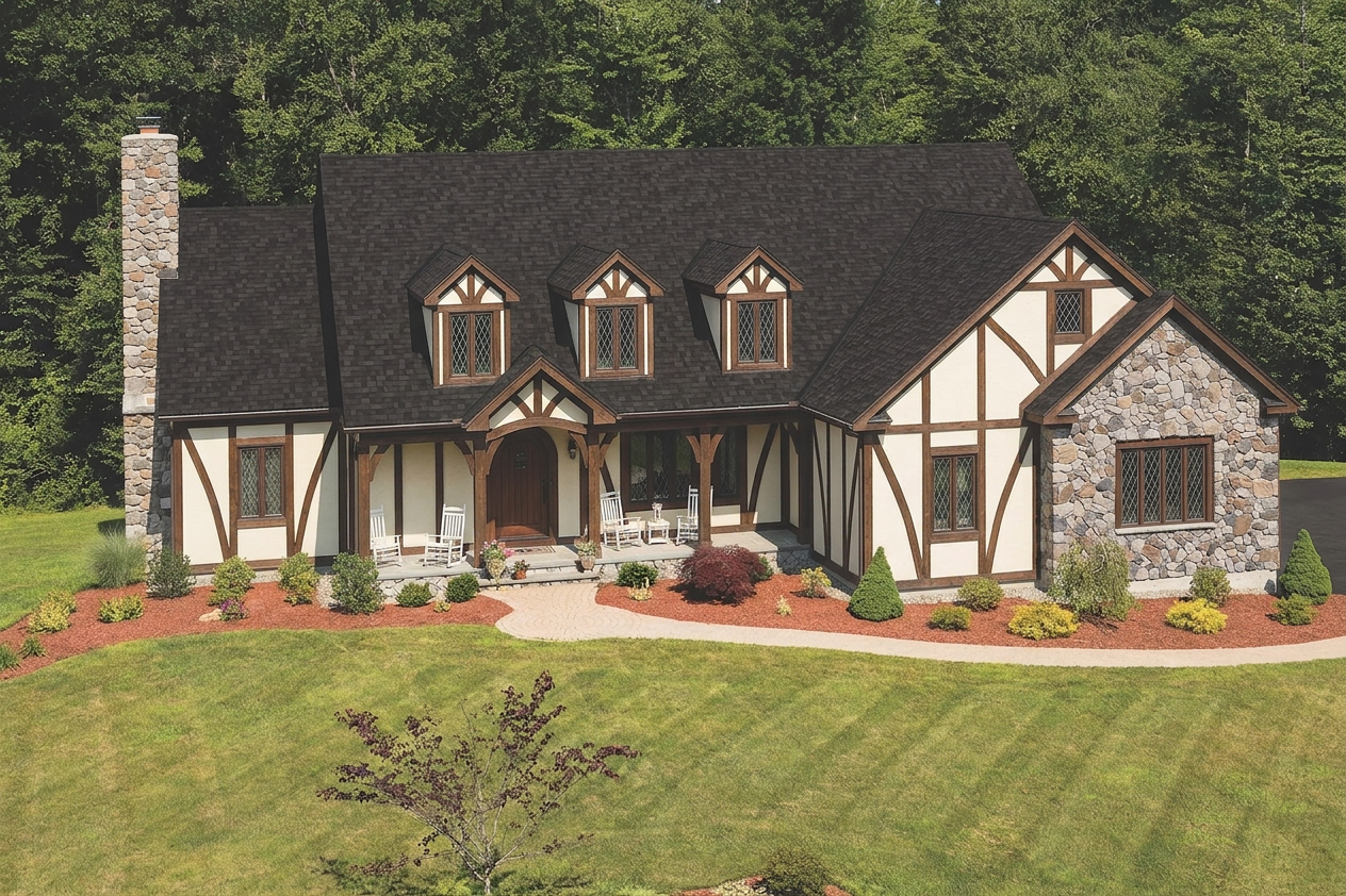 Tudor home with Black roof -- IKO Cambridge Dual Black (front)