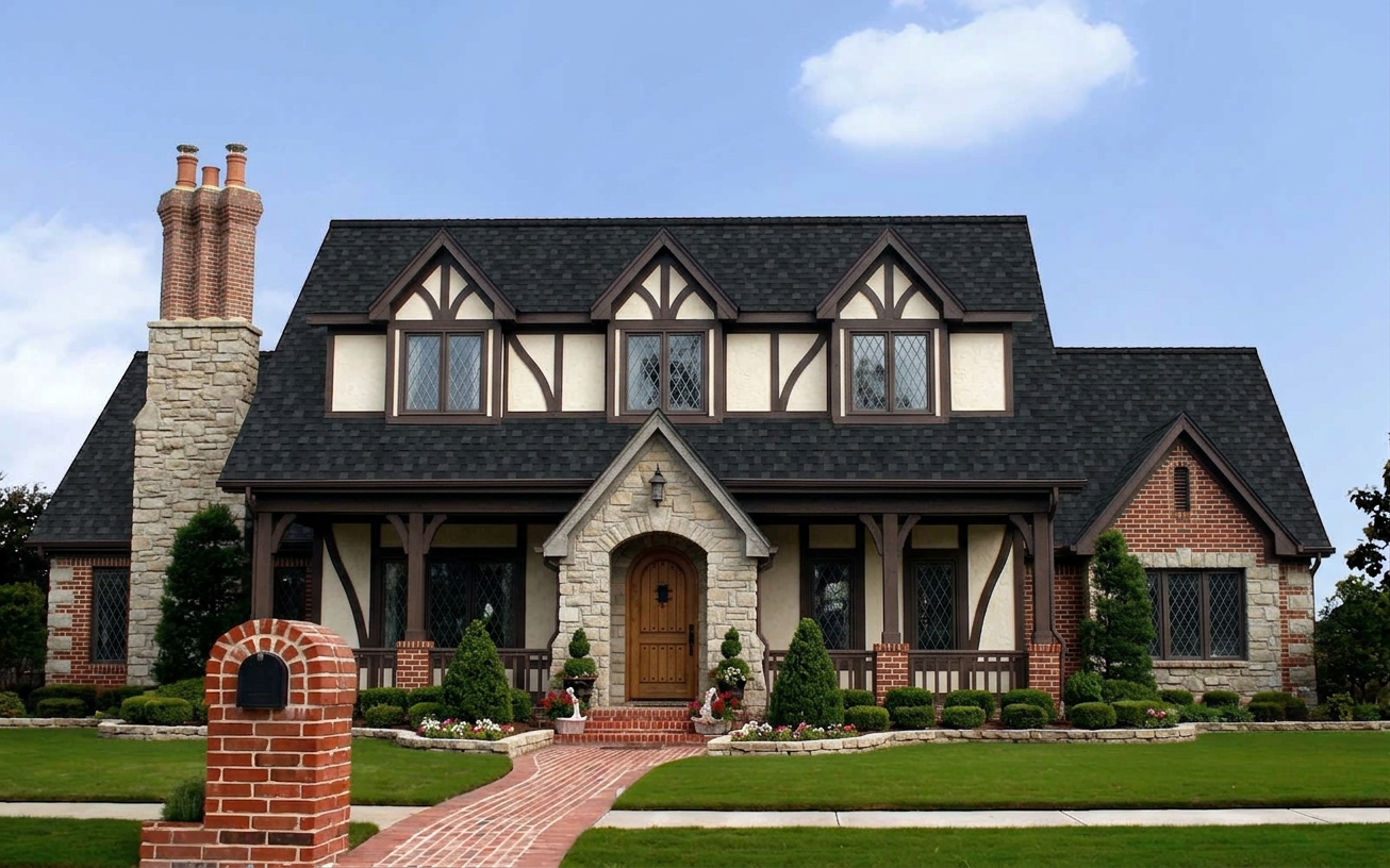 Tudor home with Black roof -- Owens Corning Duration Onyx Black (front)