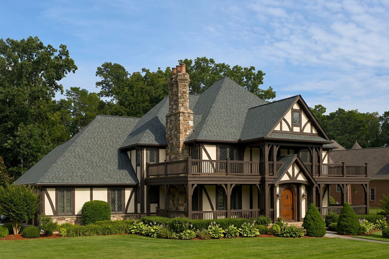 Tudor home with Charcoal roof -- CertainTeed Landmark Colonial Slate (left-34)