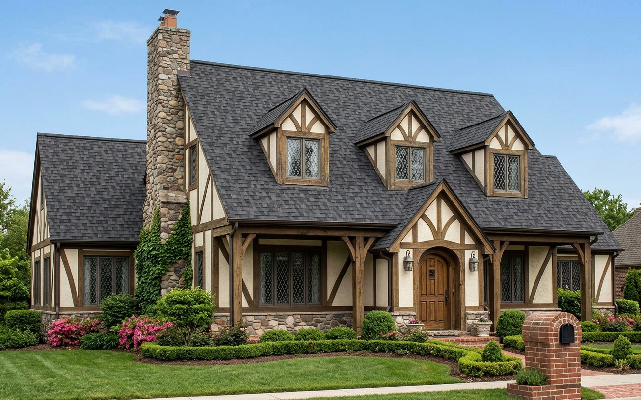 Tudor home with Charcoal roof -- Owens Corning Duration Midnight Plum (left-34)