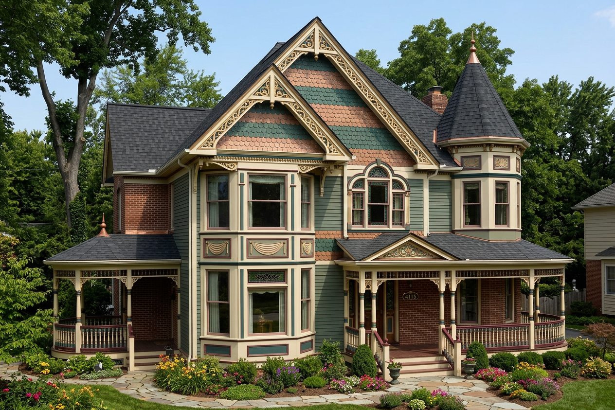 Victorian home with Black roof -- CertainTeed Landmark Charcoal Black (left-34)