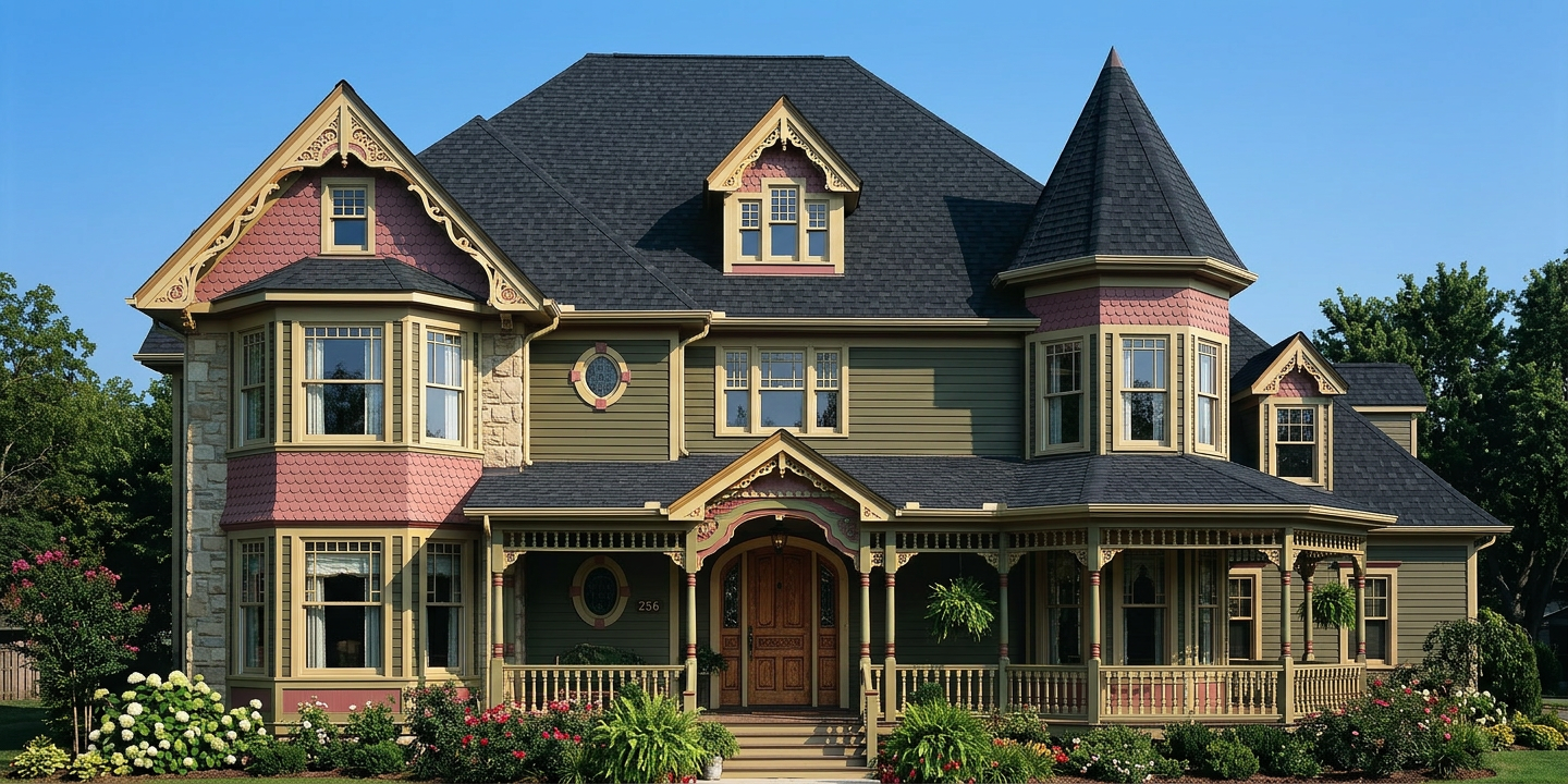 Victorian home with Black roof -- TAMKO Heritage Rustic Black (front)