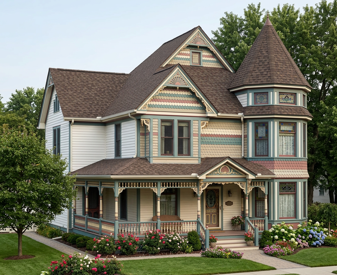 Victorian home with Brown roof -- Atlas Pinnacle Pristine WEATHERED SHADOW (left-34)