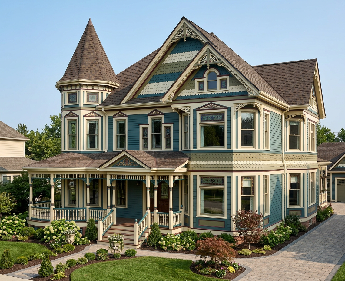 Victorian home with Brown roof -- Atlas Pinnacle Pristine WEATHERED SHADOW (right-34)