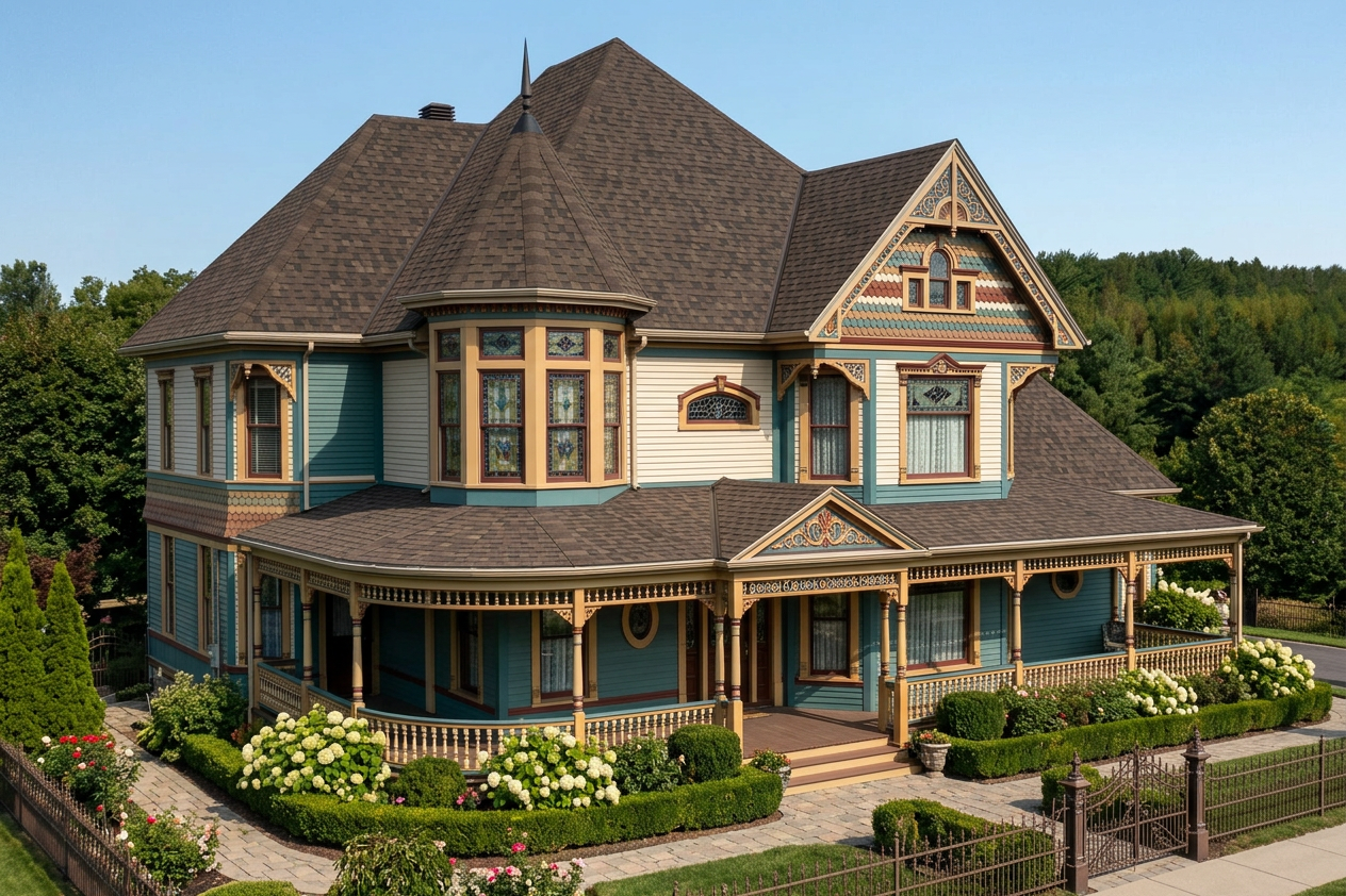 Victorian home with Brown roof -- IKO Dynasty Shadow Brown (right-34)