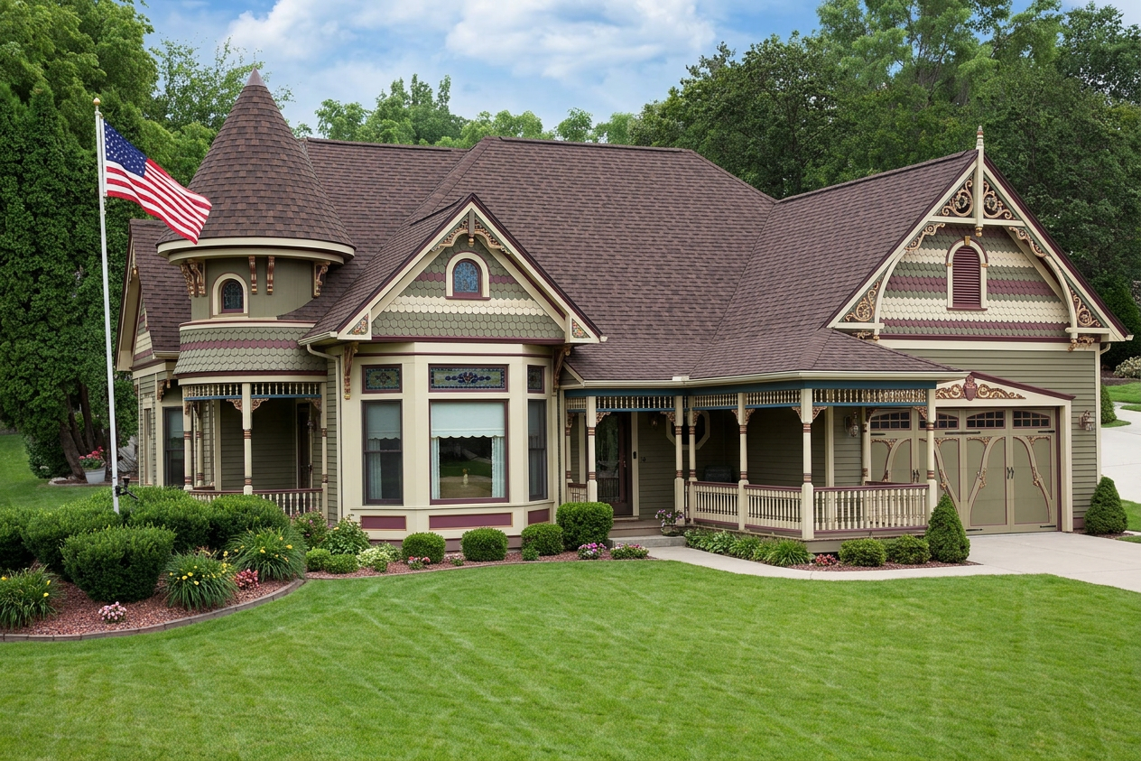 Victorian home with Brown roof -- Malarkey Vista Antique Brown (right-34)